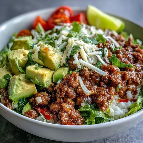 A low carb burrito bowl features seasoned ground beef, cauliflower rice, crisp romaine, and fresh toppings. 