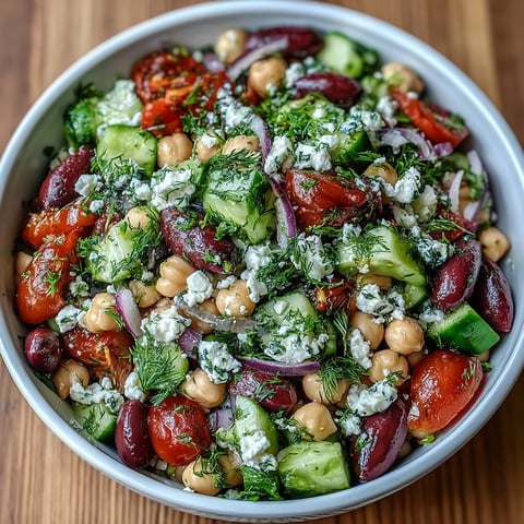 Greek Bean Salad with Lemon Marinated Beans served with crumbled feta, olives, and fresh herbs.