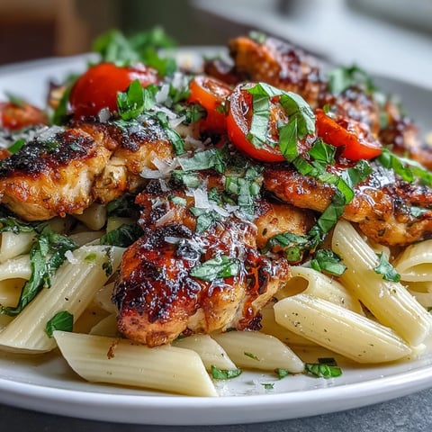 Freshly seared chicken and juicy halved cherry tomatoes mingle with al dente penne in a bright Bruschetta Chicken Pasta dish.