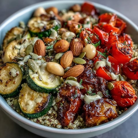 Vibrant Veggie and Quinoa Power Bowl with roasted vegetables, black beans, and crunchy almonds on a white plate.