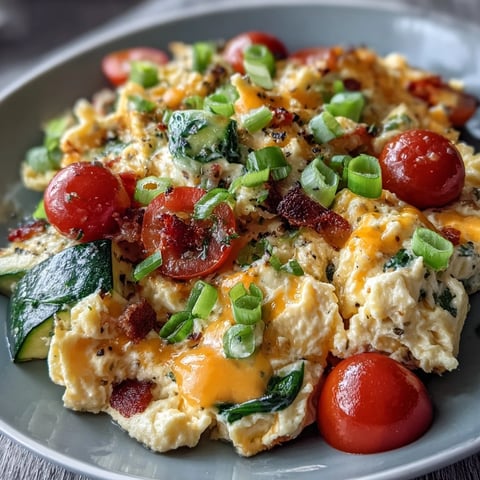 Fluffy Scrambled Egg and Veggie Bowl with melted cheddar, sautéed bell peppers, spinach, and fresh cherry tomatoes.
