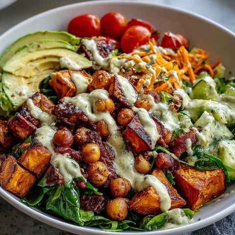 Vibrant Breakfast Buddha Bowl with roasted sweet potatoes, crispy chickpeas, and creamy tahini dressing on mixed greens.