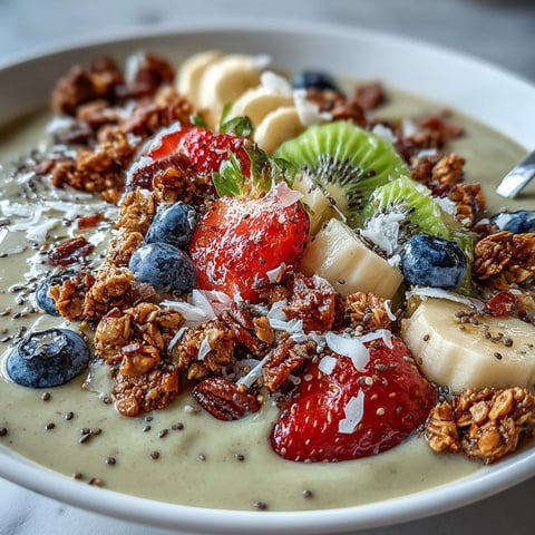 Hojicha Smoothie Bowl topped with fresh berries, kiwi, and crunchy granola for a nourishing breakfast.