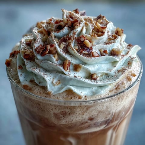 Two frosted glasses of Hojicha milkshake topped with whipped cream and a sprinkle of roasted green tea powder.