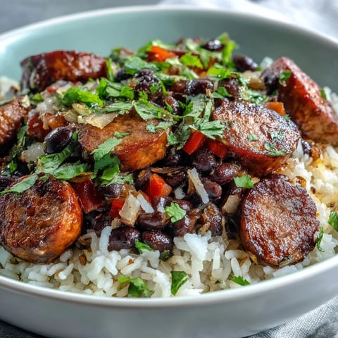 Steamy one-pan Black Beans, Sausage, and Rice Skillet with smoky sausage, peppers, and fresh cilantro garnish.