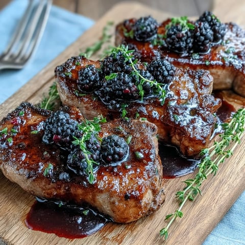 Garnished with fresh thyme, these Bourbon Blackberry Pork Chops feature a rich, dark glaze pooling on juicy, pan-seared meat.