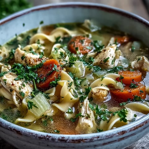 Close-up of steaming Ginger Turmeric Chicken Soup in a white ceramic bowl, garnished with fresh parsley.