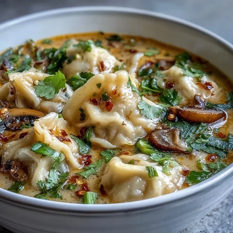 Quick Coconut Curry Soup with Dumplings steaming in a coconut milk broth with Thai red curry aromatics and tender vegan dumplings.