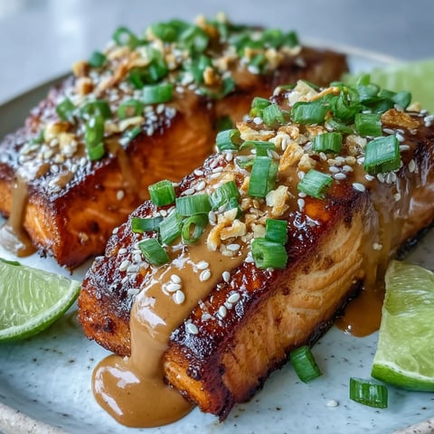 Freshly baked Bang Bang Salmon fillets on a baking sheet, drizzled with creamy, vibrant pink sauce and garnished with green onions and sesame seeds.
