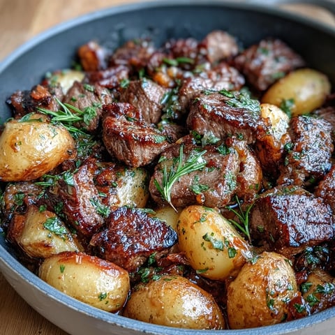 Golden, crispy potatoes and seared steak bites glisten in rich garlic butter sauce in this Garlic Butter Steak & Potato Skillet.