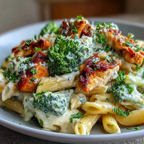 Garlic Parmesan Broccoli & Chicken Pasta served hot in a skillet with fresh parsley garnish and melted cheese.