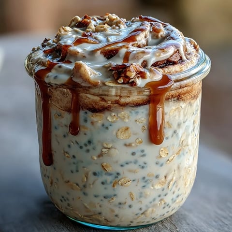 Spoon showing High-Protein Cinnamon Roll Overnight Oats topped with cream cheese drizzle, cinnamon dusting, and pecans on a wooden table.