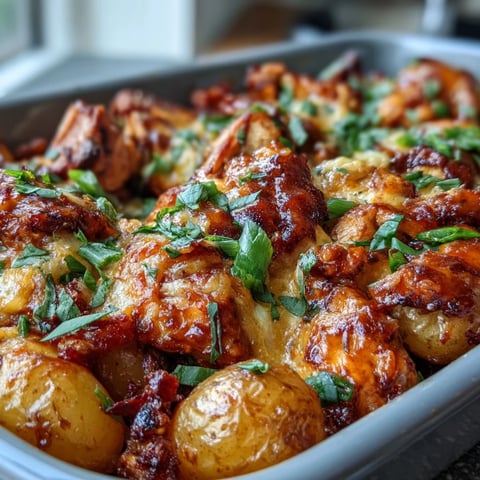 Golden-brown Buffalo Ranch Chicken Potato Bake fresh from the oven, featuring tender roasted potatoes and juicy chicken breasts coated in bold, spicy red sauce.