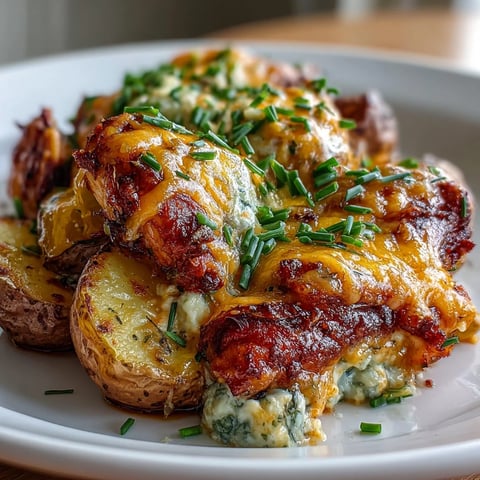 Golden-brown Buffalo Ranch Chicken Potato Bake bubbling with melted cheddar cheese and tender baby potatoes.