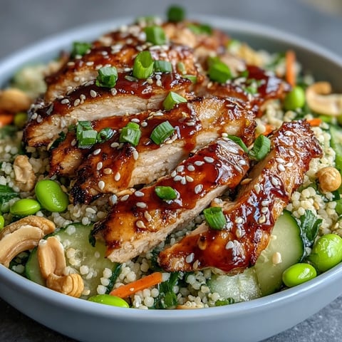 Bright orange roasted chicken slices sit atop a bowl of fluffy pearl couscous tossed with shredded carrots, crisp cucumbers, and edamame in a glossy sesame ginger dressing.