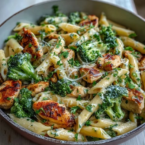 Creamy Garlic Parmesan Broccoli & Chicken Pasta in a skillet garnished with parsley.