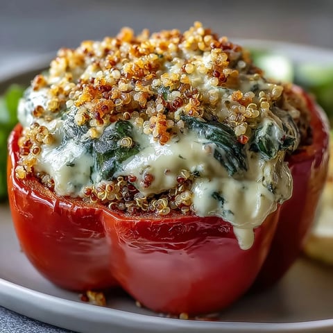 Four vibrant bell peppers filled with a creamy blend of spinach, artichoke, and quinoa, topped with golden breadcrumbs on a rustic board.