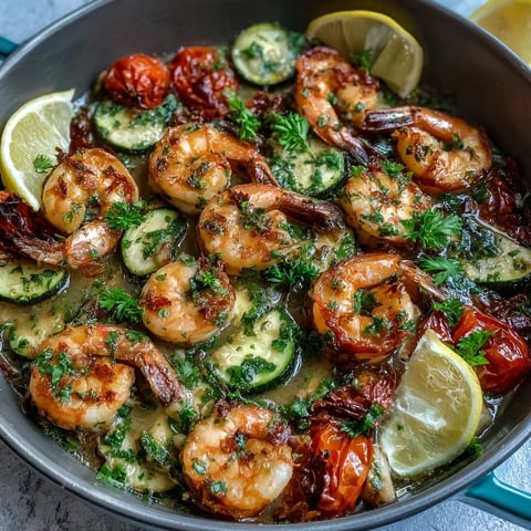 Vibrant one-pan lemon butter shrimp with zucchini and tomatoes, roasted to perfection with a zesty garlic sauce.  