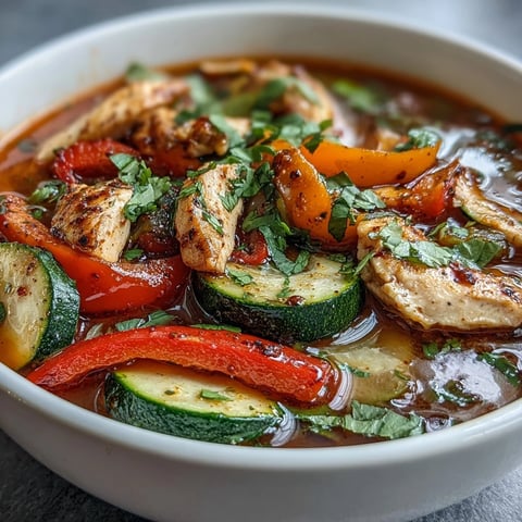 Skinny One-Pot Chicken Fajita Soup with Zucchini and Peppers in a steaming bowl, garnished with fresh cilantro and lime wedge.