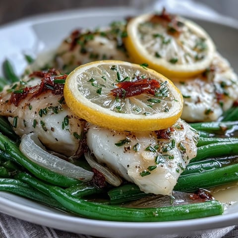 A foil packet of tender tilapia fillets and crisp green beans, infused with zesty lemon and garlic for a light, healthy dinner.