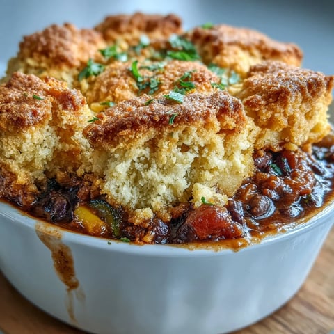 Hearty vegan taco pot pie with black beans and golden cornbread topping, baked to perfection.  