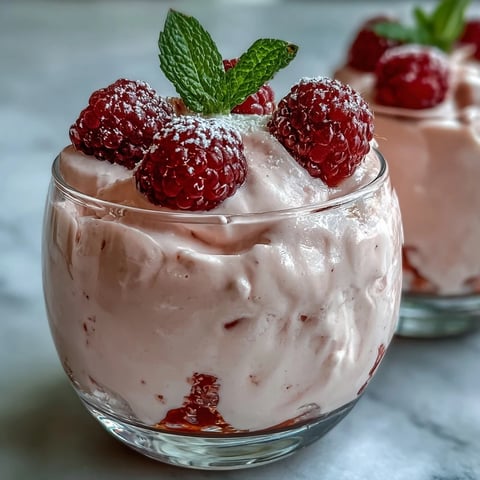 Creamy cottage cheese raspberry mousse topped with fresh berries and mint leaves, a light and protein-rich dessert.  