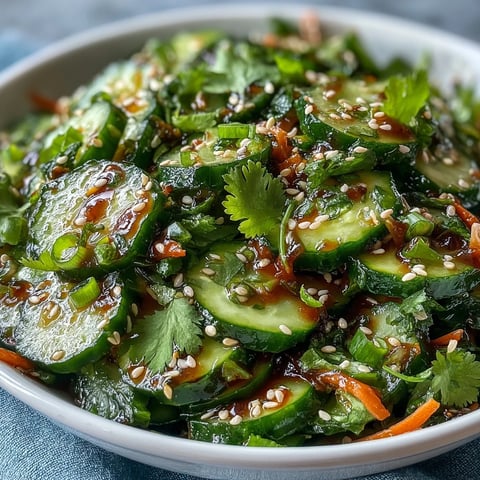 A vibrant Asian sesame cucumber salad with soy dressing, garnished with toasted sesame seeds and fresh cilantro, served in a white bowl.