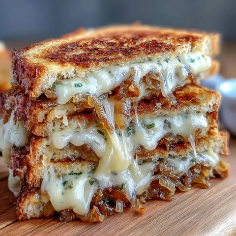 Decadent sourdough French onion grilled cheese sandwich with caramelized onions and melted Gruyère cheese on golden, crispy bread.