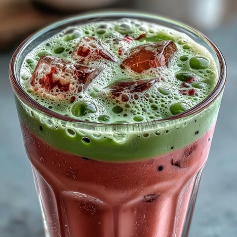 A refreshing iced latte with vibrant strawberry puree, earthy matcha, and creamy oat milk served in tall glasses.