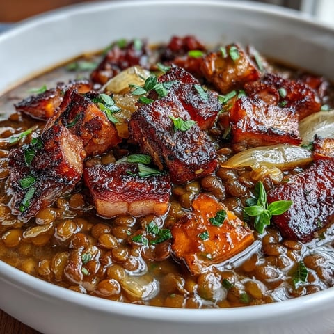Hearty one-pot ham, onion, and lentil stew with tender vegetables and smoky ham, served steaming hot in a rustic bowl.
