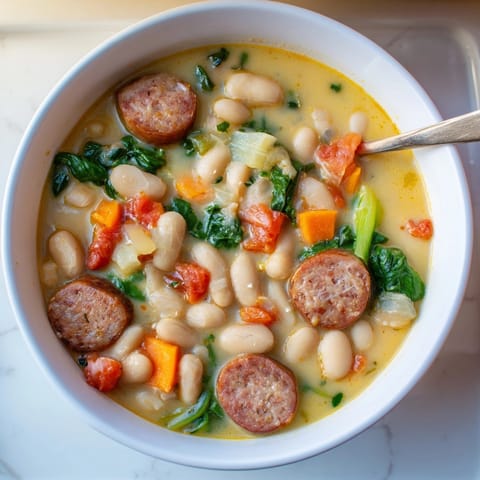 Rich, creamy Cheesy Sausage and White Bean Soup with melted cheddar and vibrant herbs.