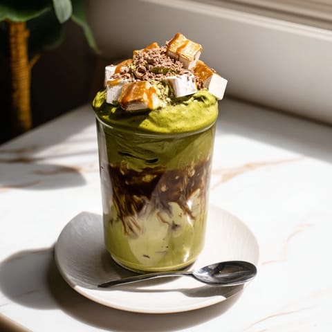 Layered iced coffee, a holiday Caramel Brulée Iced Matcha Christmas Coffee Dupe, topped with whipped cream.