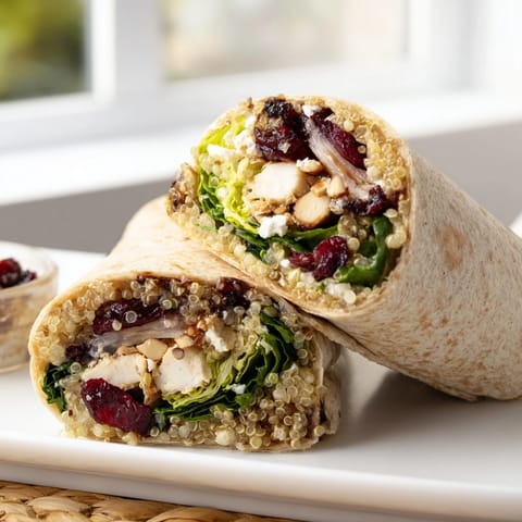 A close-up of a flavorful Roasted Brussels Sprouts & Cranberry Grain Wrap, ready to eat with a soft tortilla.
