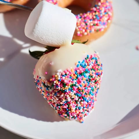 A vibrant Rainbow Sprinkle Party Board, loaded with chocolate-covered sweets and colorful toppings, ready to enjoy.