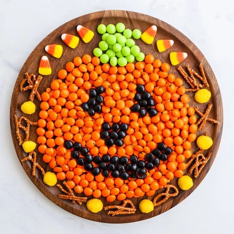 Delicious Jack-o-Lantern Candy Board: Imagine a platter overflowing with assorted candies, festive and fun!