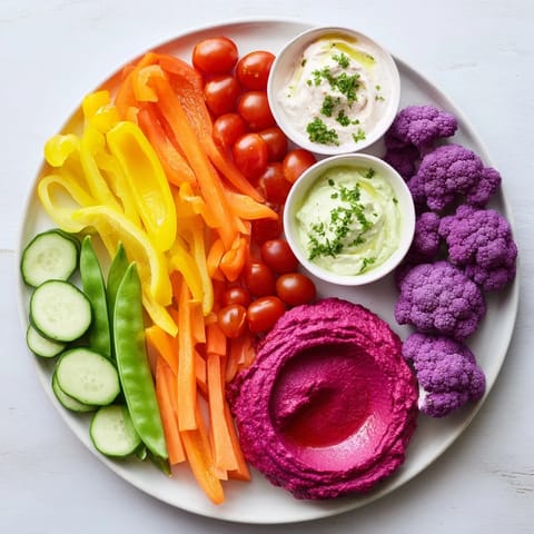 Freshly prepared Rainbow Vegetable Dips: a colorful array of crudités alongside flavorful homemade dips.
