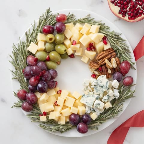 Festive Holiday Wreath Cheese Ring displays a delicious assortment of cheeses, fruits, and garnishes, ready to serve.