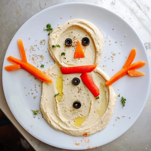 A festive Melted Snowman Hummus Platter, a Mediterranean appetizer with carrot arms and olive eyes.