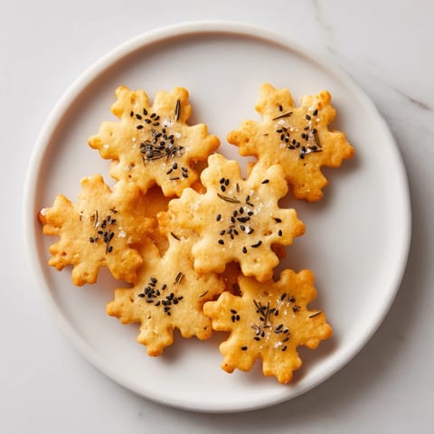 Golden-brown gourmet crackers cut like snowflakes, ready for a festive cheese board this holiday season.