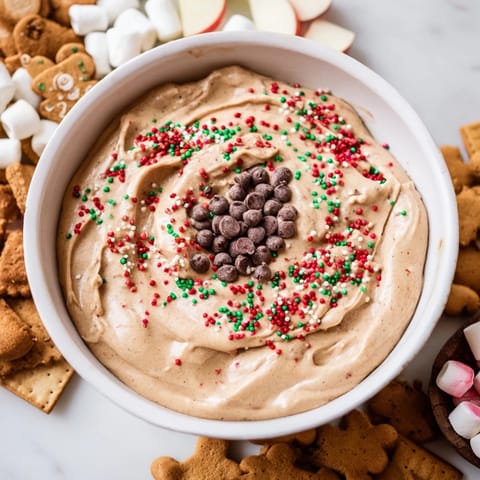 Creamy, spiced Gingerbread House Dip in a bowl, surrounded by a colorful assortment of dippables.