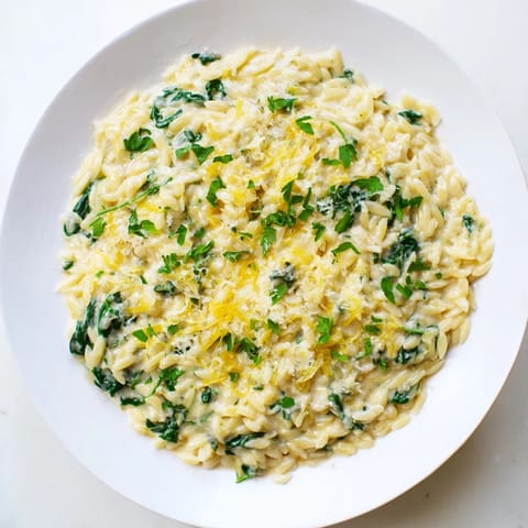 Close-up of the delicious one-pot creamy orzo; it has a rich, white sauce and looks irresistible.
