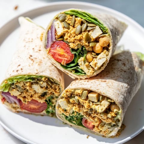 Savory High-Protein Chicken-less Caesar Wrap with fresh romaine and plant-based protein, ready to eat!