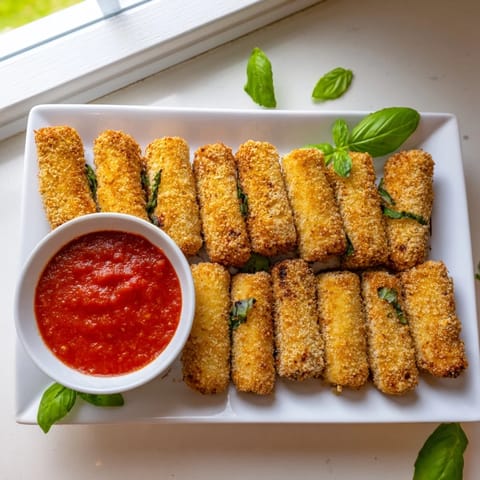 Air fryer mozzarella sticks with melty cheese pulls, fresh basil garnish, and a side of dipping sauce.