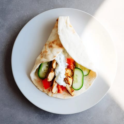 A close-up of a Greek Chicken Wrap, with juicy grilled chicken strips, creamy tzatziki, and fresh veggies in a warm pita.