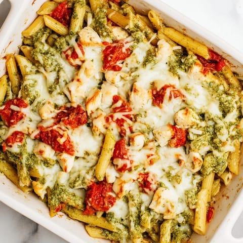 A baked dish of Pesto Chicken Pasta Bake served with a side salad and garlic bread for a family meal.  