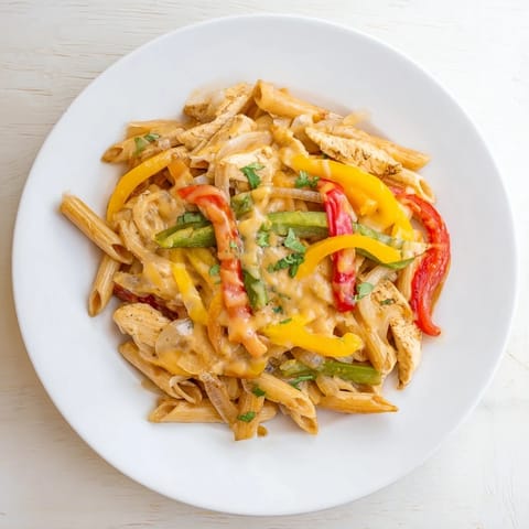 Steam rises from the one-pan Chicken Fajita Pasta, featuring tender chicken strips and onions.