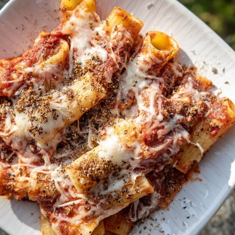 A homemade freezer make-ahead baked ziti casserole, served hot with melted cheese and fresh basil garnish.