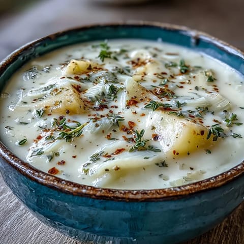 Creamy Potato Leek Soup served hot in a rustic bowl with a spoon.