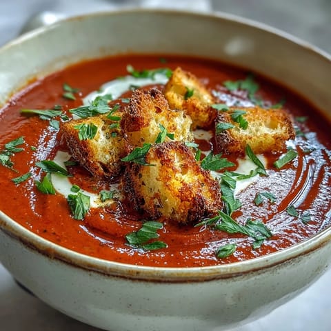 Creamy roasted red pepper soup garnished with crunchy homemade croutons, served warm for a satisfying Mediterranean-inspired vegetarian lunch.