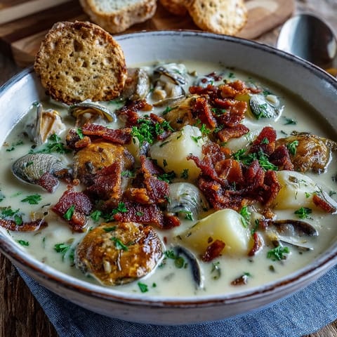Hearty New England Clam Chowder with creamy broth, crisp bacon bits, and oyster crackers on top.